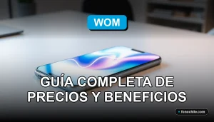 Planes Prepago WOM 2026 en un teléfono inteligente moderno sobre una mesa de trabajo, mostrando gráficos abstractos de colores en su pantalla.