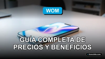 Planes Prepago WOM 2026 en un teléfono inteligente moderno sobre una mesa de trabajo, mostrando gráficos abstractos de colores en su pantalla.