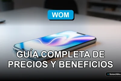 Planes Prepago WOM 2026 en un teléfono inteligente moderno sobre una mesa de trabajo, mostrando gráficos abstractos de colores en su pantalla.