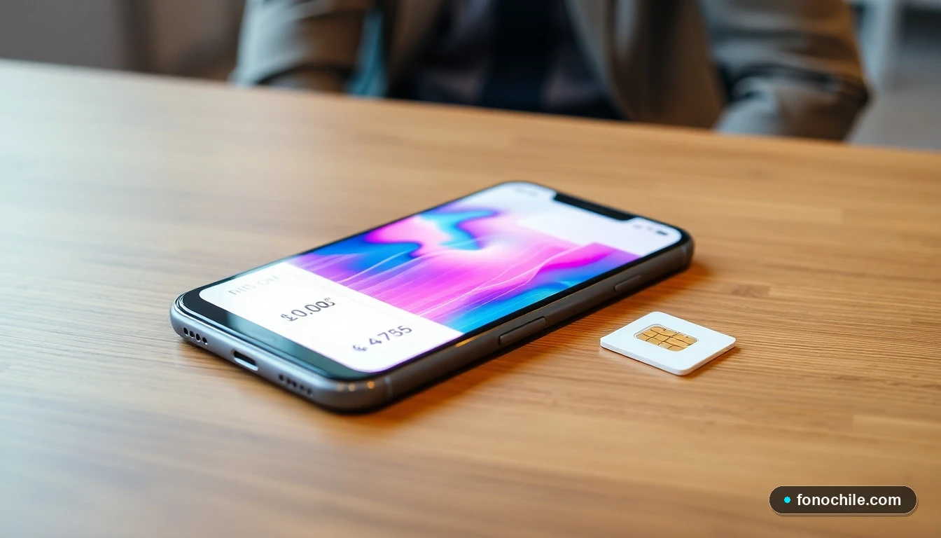 Smartphone mostrando gráfico de consumo de datos móviles junto a una tarjeta SIM, sobre una mesa de madera.