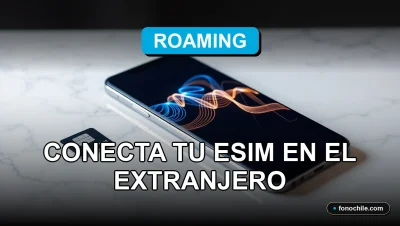 Una eSIM internacional de Roaming 2026 sobre una mesa, mostrando gráficos abstractos de conectividad global.