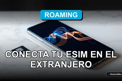 Una eSIM internacional de Roaming 2026 sobre una mesa, mostrando gráficos abstractos de conectividad global.
