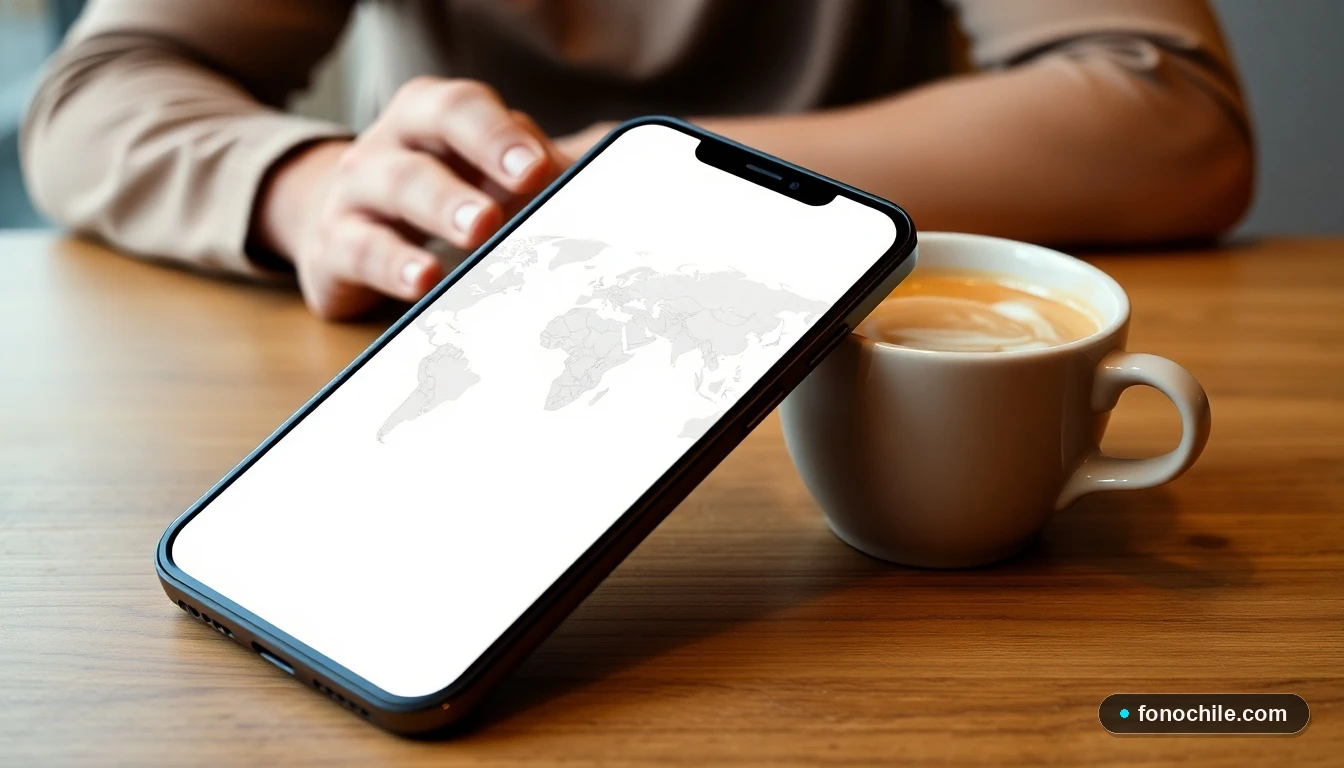 Smartphone mostrando un mapa mundial de conexiones para roaming internacional con tecnología eSIM.