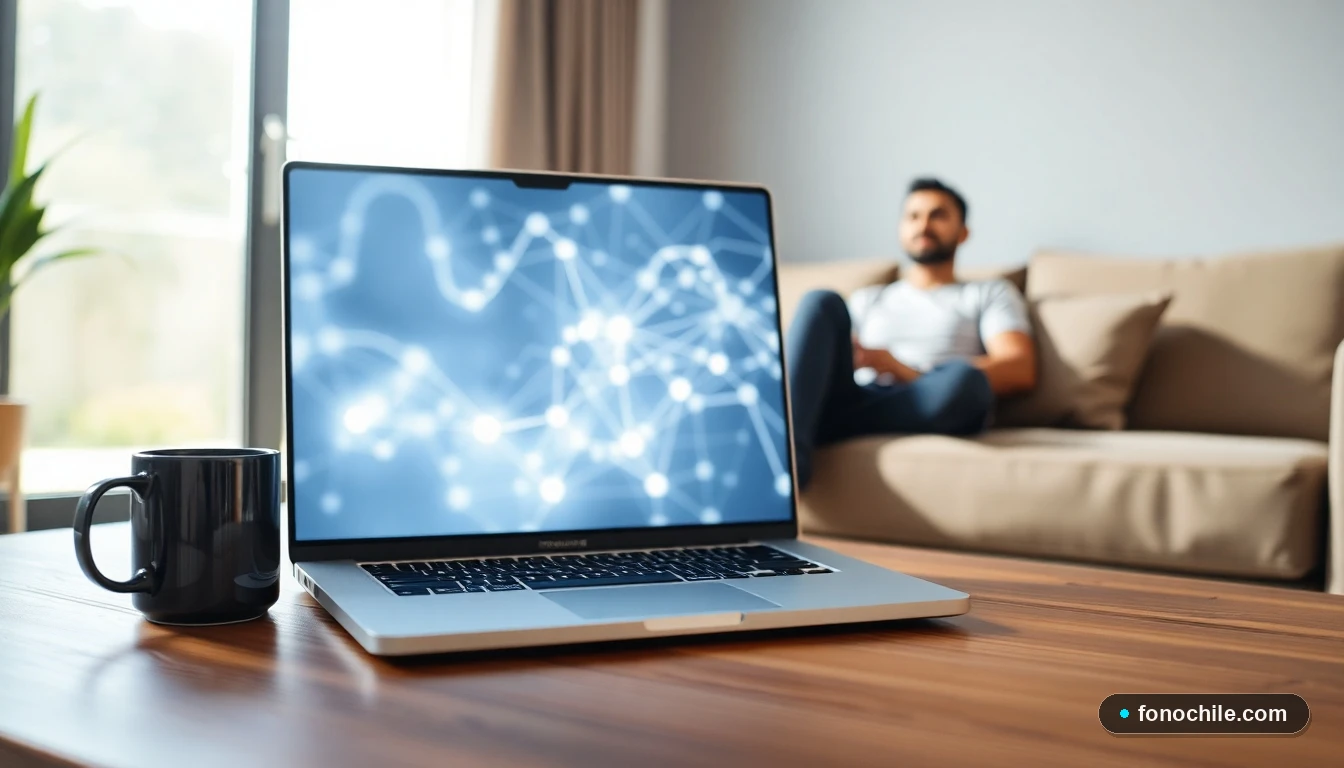 Laptop mostrando gráfico de conexión de red en un living chileno, representando el servicio de fibra óptica ilimitada en el hogar.