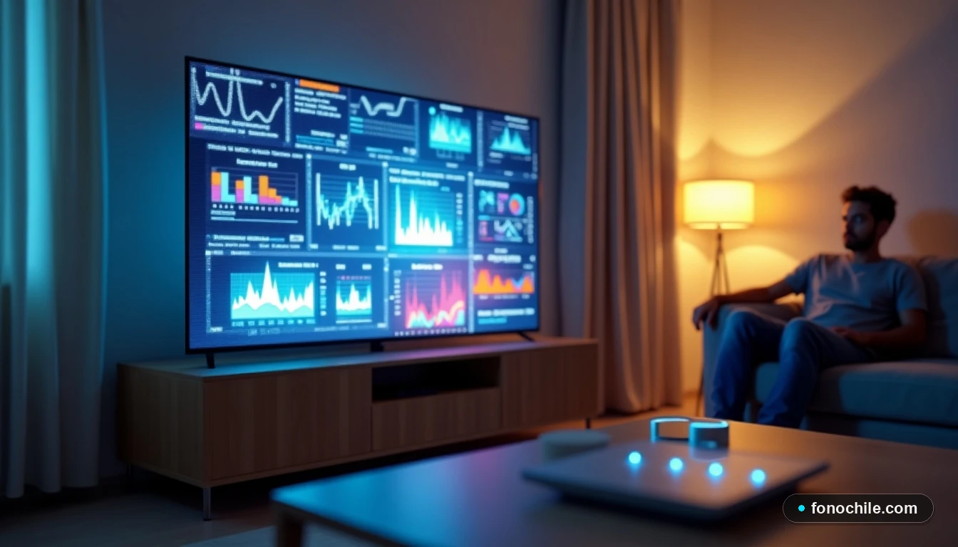 Televisor inteligente en hogar chileno mostrando gráficos de consumo de datos para servicios de streaming.