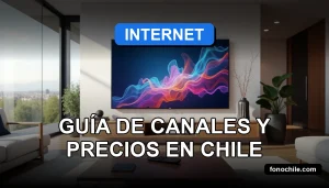 Guía de canales y precios de TV Digital en Chile sobre fondo moderno con gráficos abstractos.