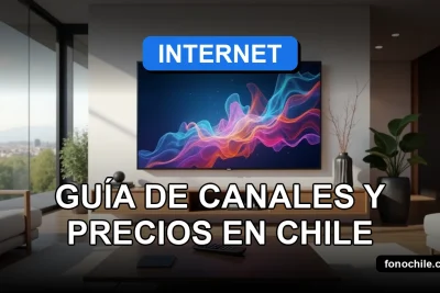 Guía de canales y precios de TV Digital en Chile sobre fondo moderno con gráficos abstractos.