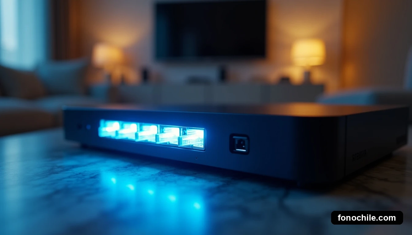 Detalle de dispositivo y conexión de TV Digital con iluminación suave en un entorno doméstico.