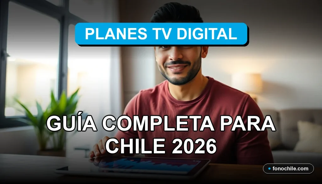 Guía completa de planes de televisión digital para Chile 2026 en pantalla de tablet con gráficos abstractos.