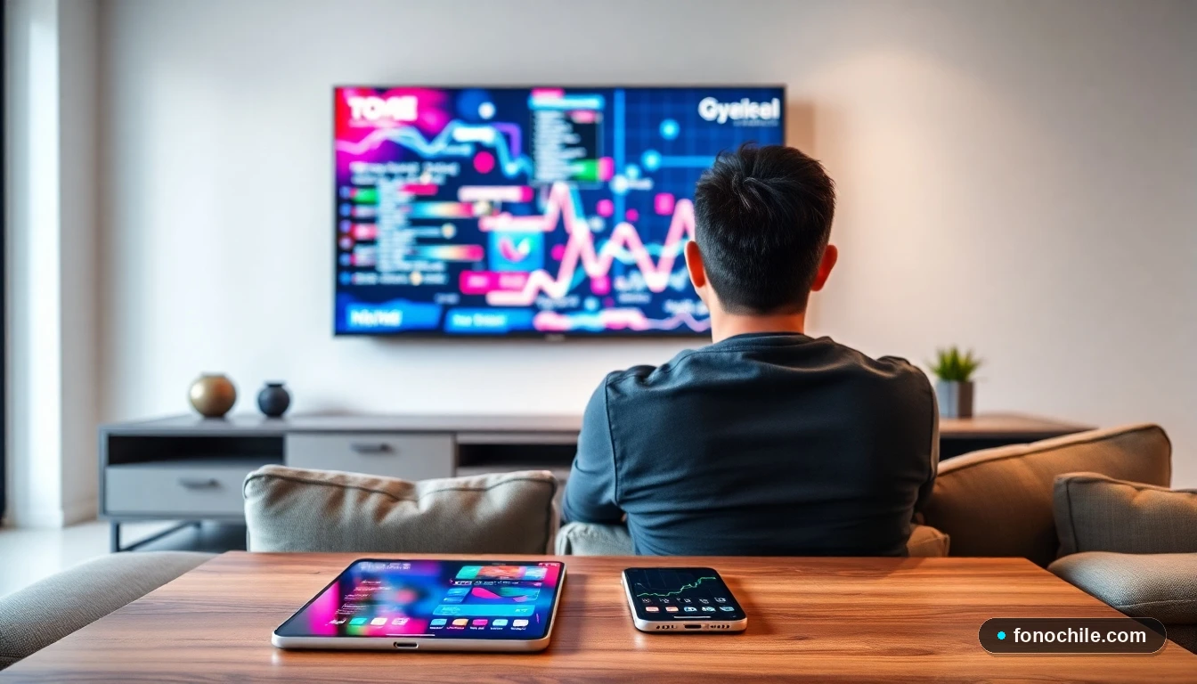 Pantalla de TV moderna en un living chileno mostrando gráficos de datos abstractos, con dispositivos móviles sobre la mesa.