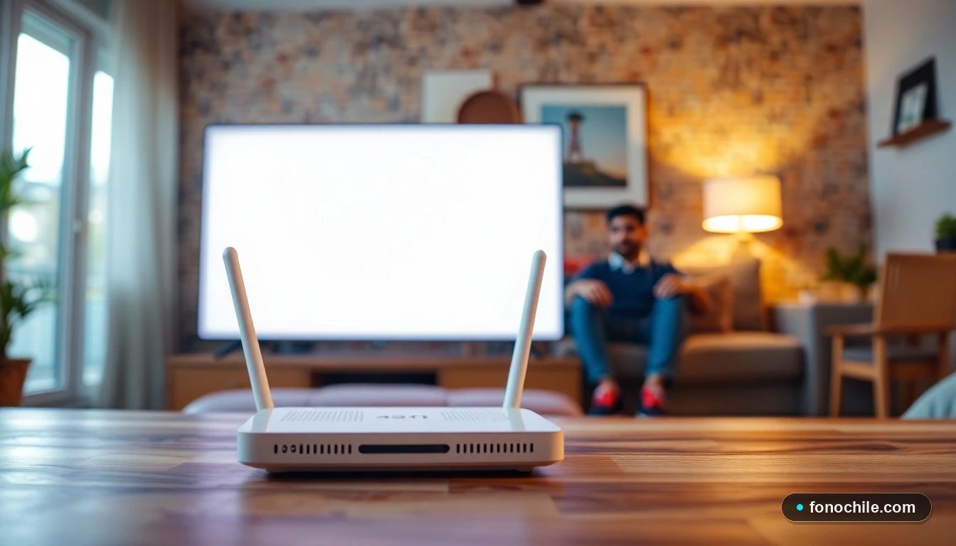 Configuración del servicio VTR en el hogar con televisión y router Wi-Fi modernos.