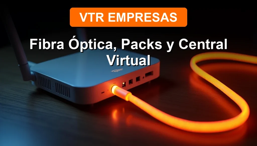 A modern Wi-Fi router with glowing fiber optic cables, representing VTR Empresas 2026 internet and virtual phone plans for businesses.