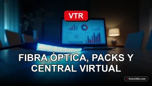 Modern fiber optic cable glowing with blue light, resting on a minimalist desk next to a laptop showing abstract data graphs.