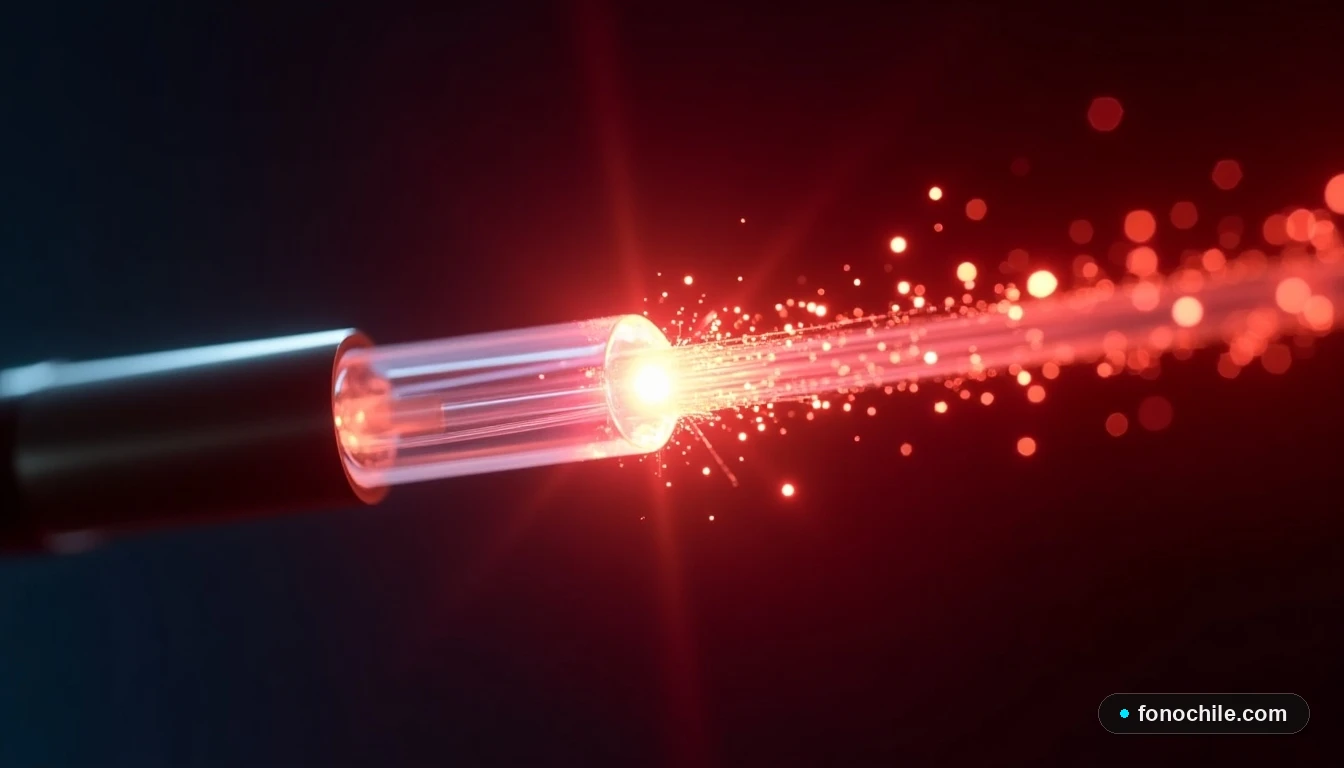 Macro close-up of a fiber optic connector with red and white light rays emanating from its core.