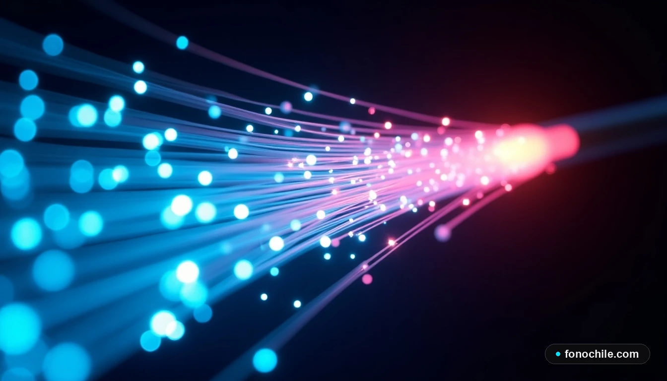 Primer plano abstracto de un haz de fibras ópticas con luz de datos en movimiento, simbolizando alta velocidad.