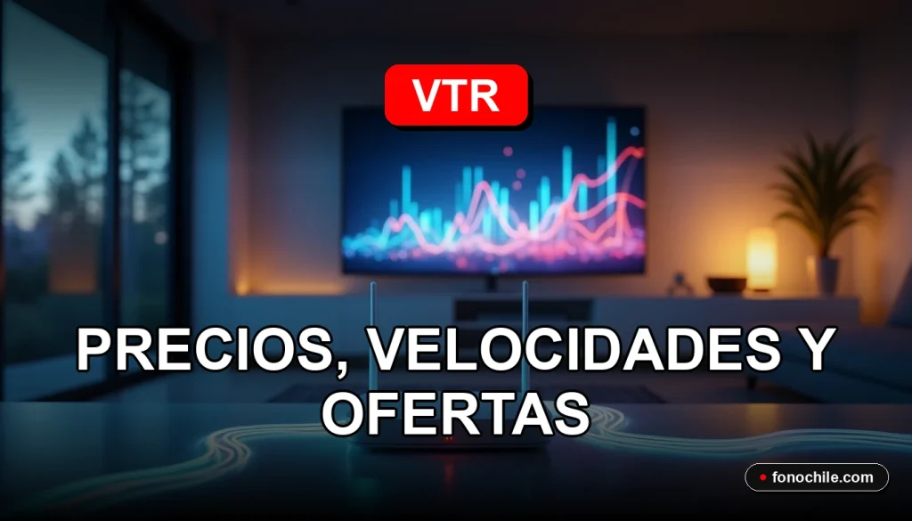 Fibra óptica VTR iluminando un hogar moderno con gráficos abstractos de velocidad en una pantalla.