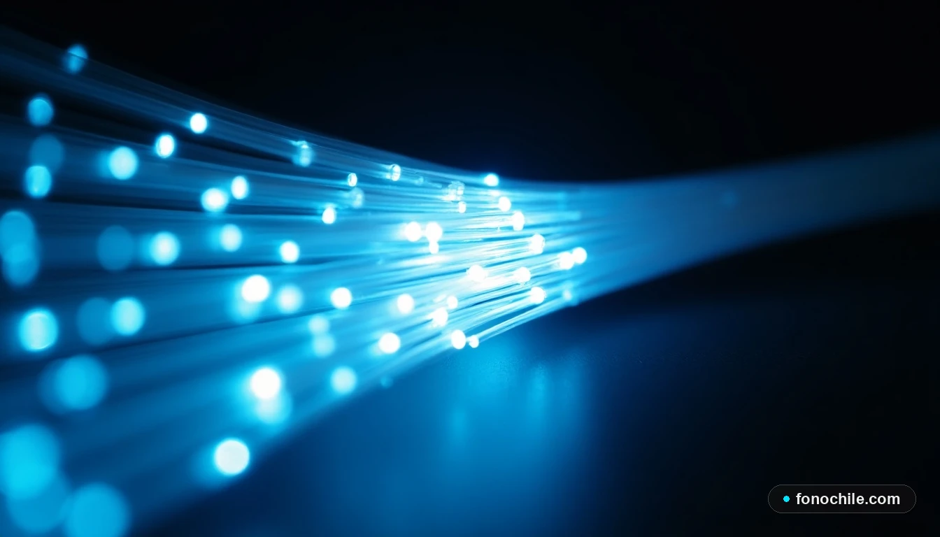 Primer plano detallado de cables de fibra óptica luminiscentes de color azul y blanco, representando alta velocidad de internet.