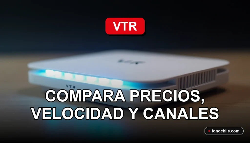 Moderno router VTR con luces LED azules y blancas, sobre una mesa de madera clara con fondo minimalista.