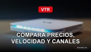 Moderno router VTR con luces LED azules y blancas, sobre una mesa de madera clara con fondo minimalista.