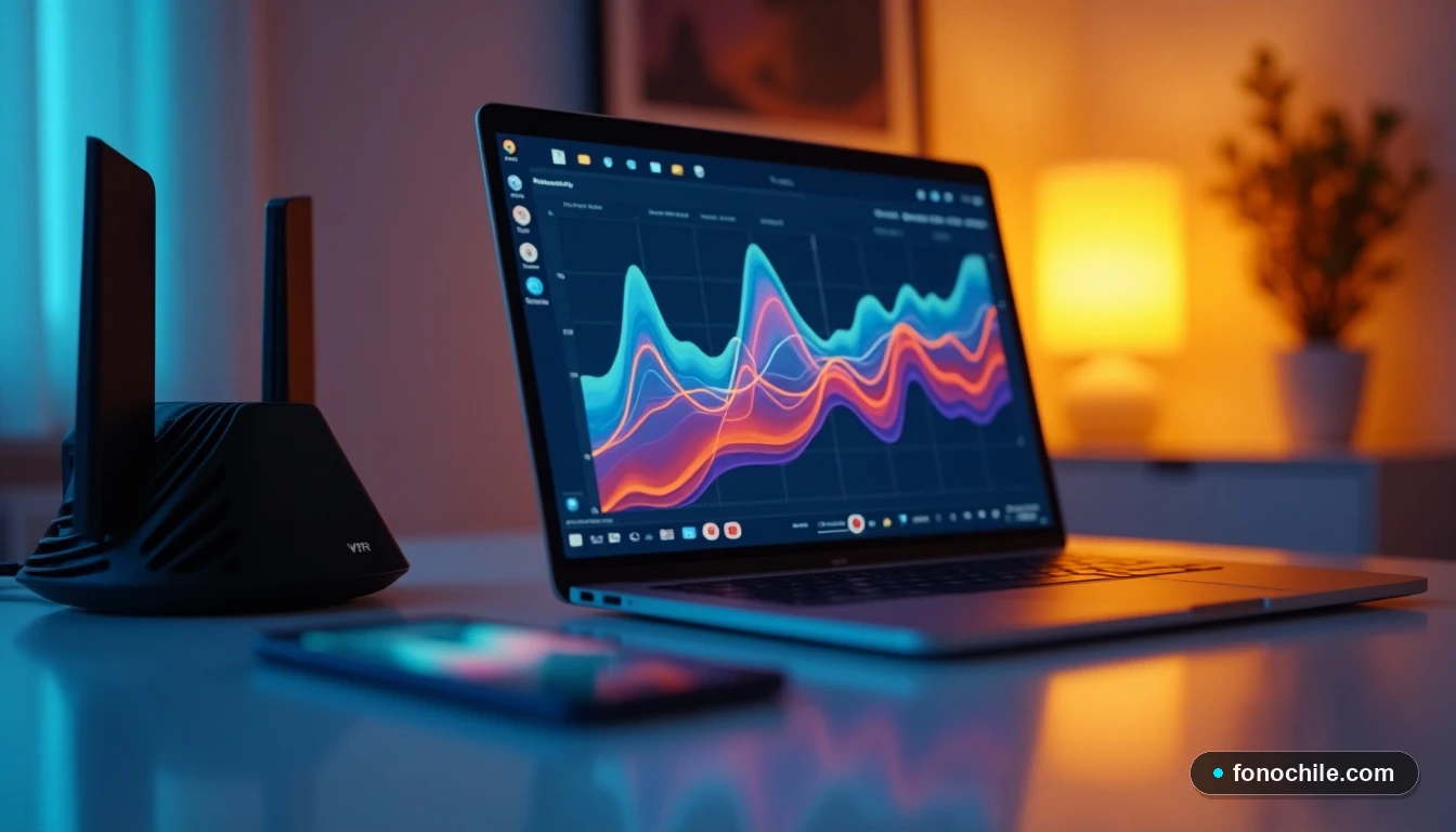 Setup de oficina en casa con laptop, smartphone y router VTR, mostrando conectividad integral para trabajo y entretenimiento.