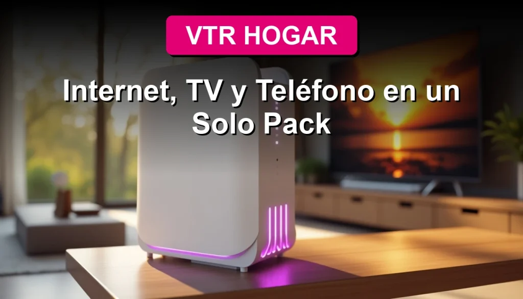 Un hombre sonriente relajado en su sofá moderno mientras disfruta del entretenimiento en una gran pantalla de TV, con un router VTR visible en la repisa.