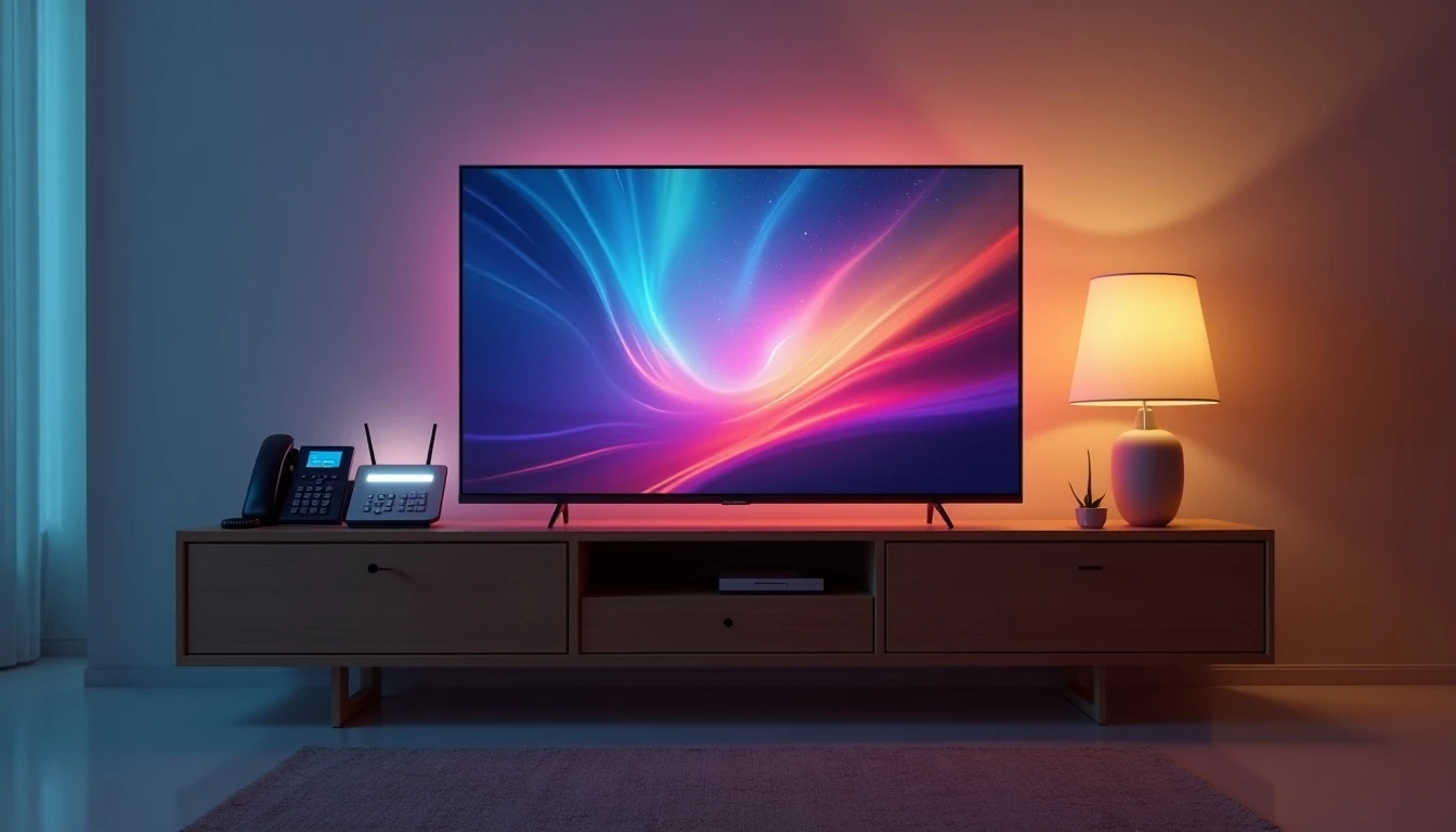 Equipos y servicios del plan VTR Hogar: televisor, router y teléfono fijo en un living moderno.