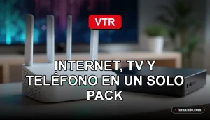 Moderno router VTR y decodificador sobre mesa de madera clara, con luces LED azules y verdes, mostrando gráficos abstractos en pantalla de TV.
