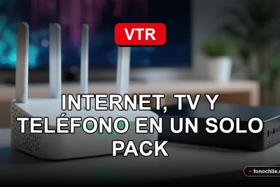 Moderno router VTR y decodificador sobre mesa de madera clara, con luces LED azules y verdes, mostrando gráficos abstractos en pantalla de TV.