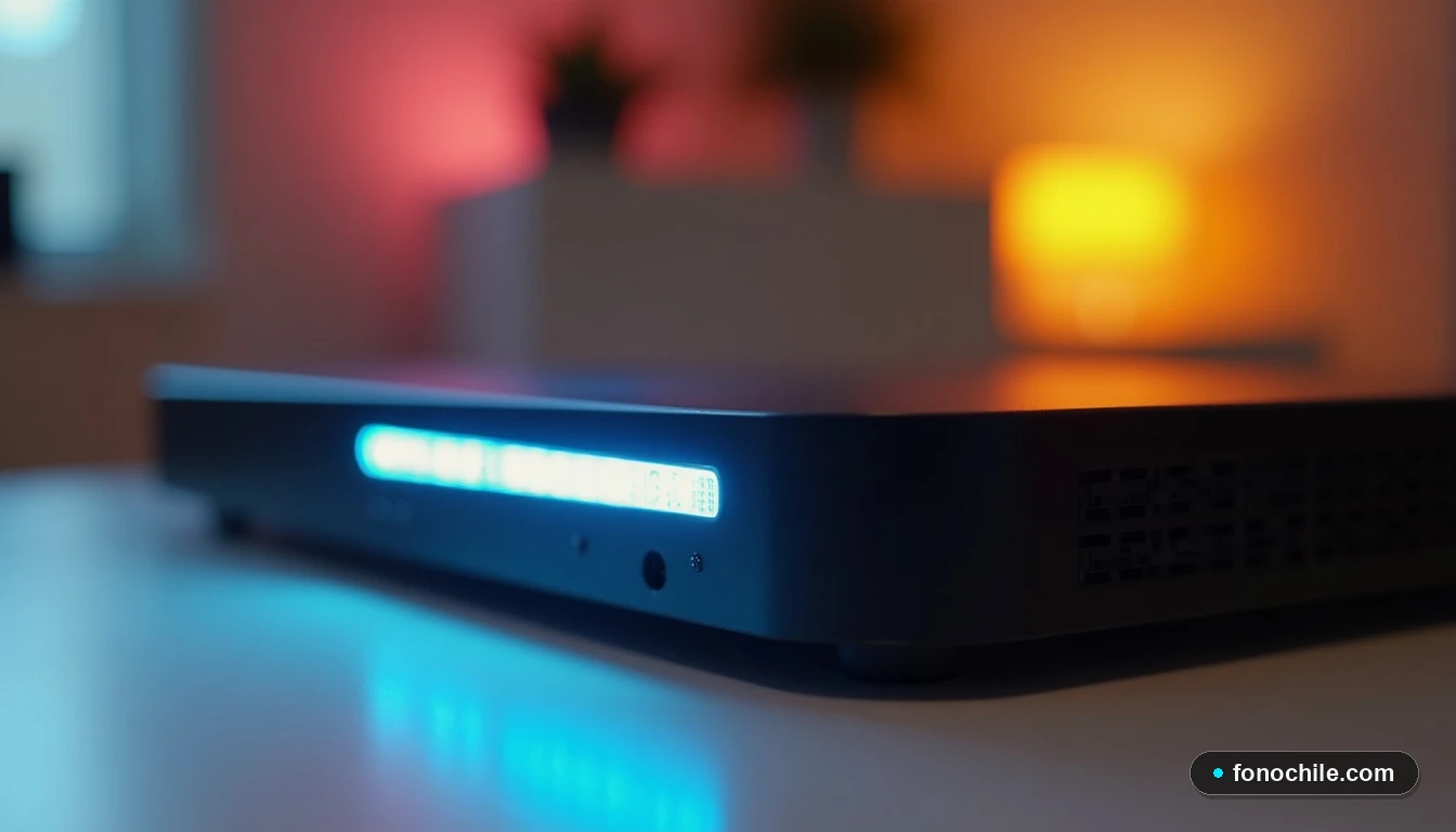 Primer plano lateral del router y decodificador VTR, mostrando el diseño detallado y las luces LED encendidas, sobre fondo desenfocado cálido.