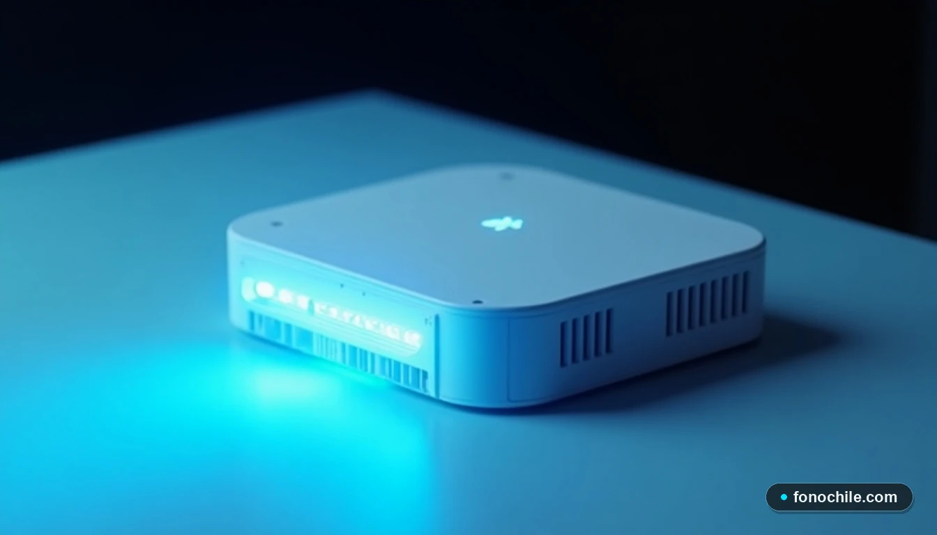 Primer plano detallado de un router WiFi móvil 5G blanco sobre una mesa, iluminado por un haz de luz azul cian.