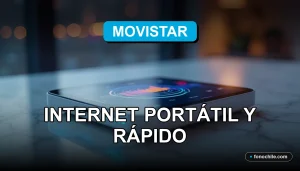 Dispositivo WiFi portátil moderno de Movistar BAM 2026 sobre una mesa, mostrando gráficos abstractos de conexión en su pantalla.