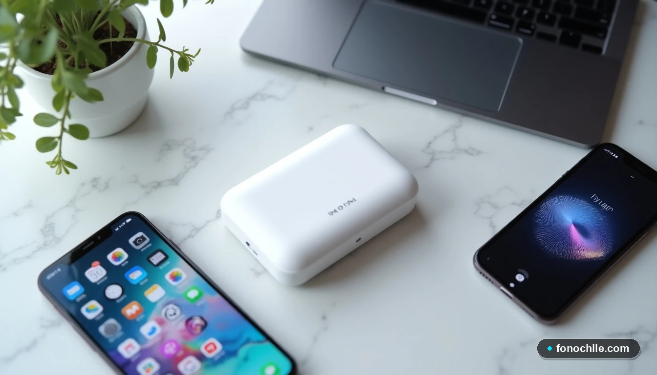 Dispositivo WiFi móvil Movistar, smartphone y laptop sobre una mesa, mostrando conexión simultánea y pantallas con interfaces genéricas.