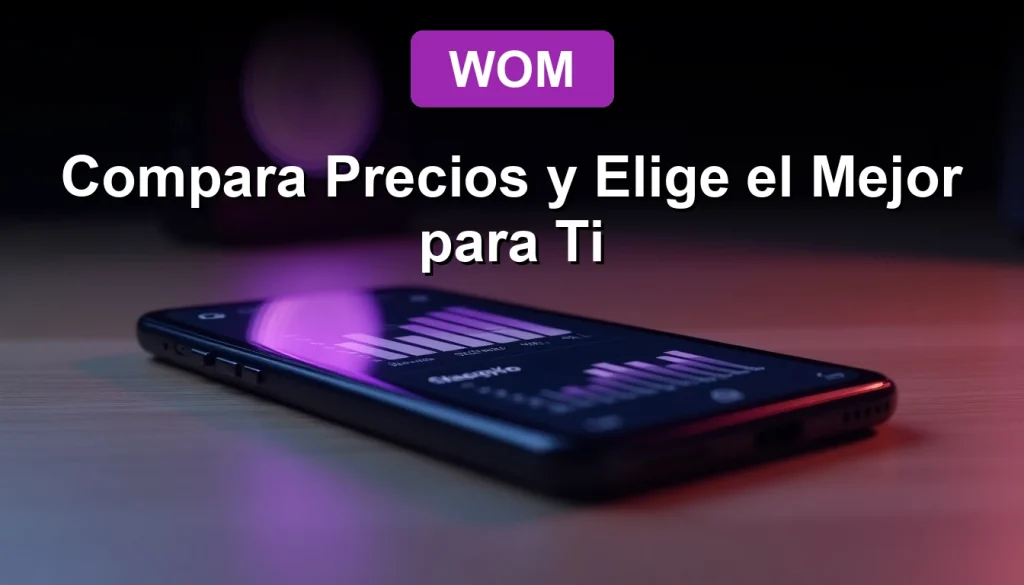 Comparador de planes de internet móvil WOM 2026 en pantalla de smartphone moderno sobre escritorio de madera.