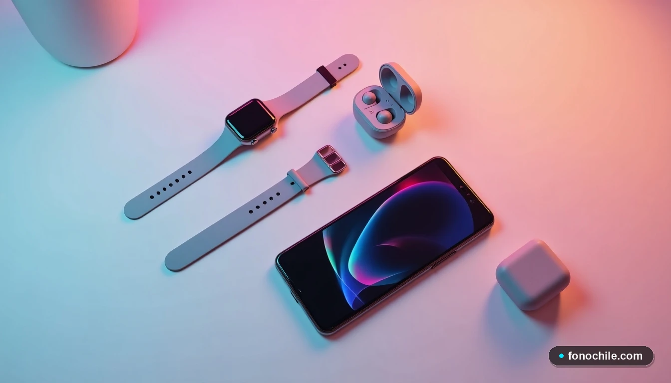 Dispositivos tecnológicos modernos como teléfono, reloj inteligente y audífonos inalámbricos en una mesa, representando el ecosistema digital de un plan móvil.