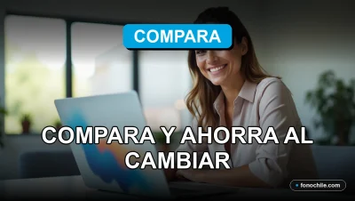 Una mujer latina sonríe frente a una pantalla de computadora con gráficos de colores, representando la comparación de planes WOM 2026.