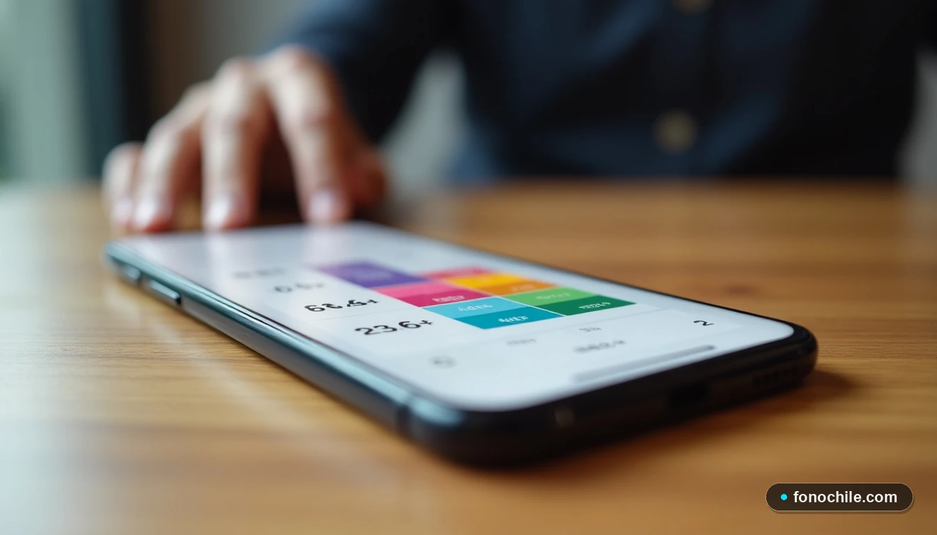 Smartphone mostrando una comparativa visual de precios de planes móviles WOM en pesos chilenos sobre una mesa de madera.