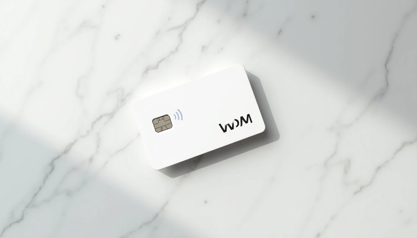 Chip SIM de la compañía WOM sobre fondo de mármol gris claro.