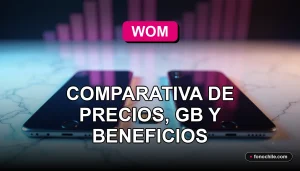 Comparativa de planes móviles WOM 2026 con gráficos de datos y un teléfono inteligente moderno.