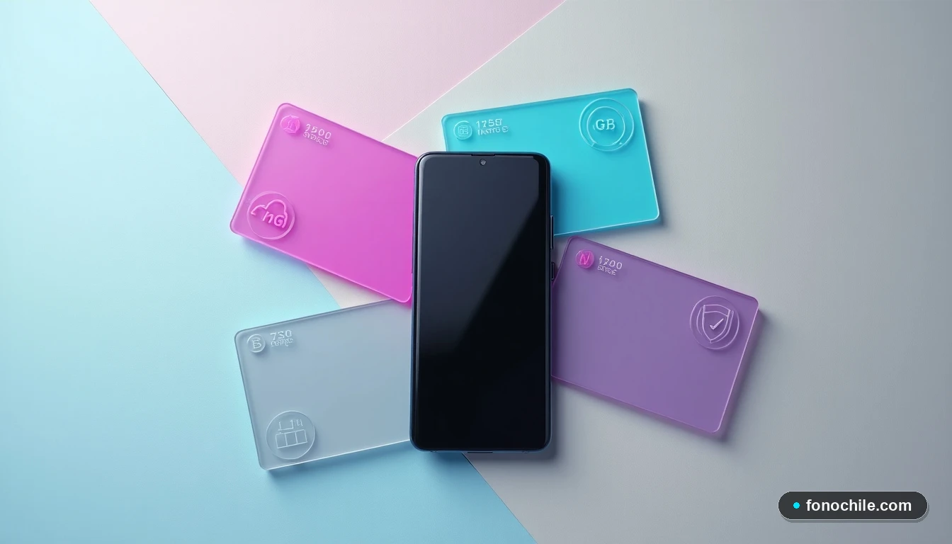 Disposición plana de elementos que simbolizan gigabytes, velocidad y beneficios de los planes WOM.