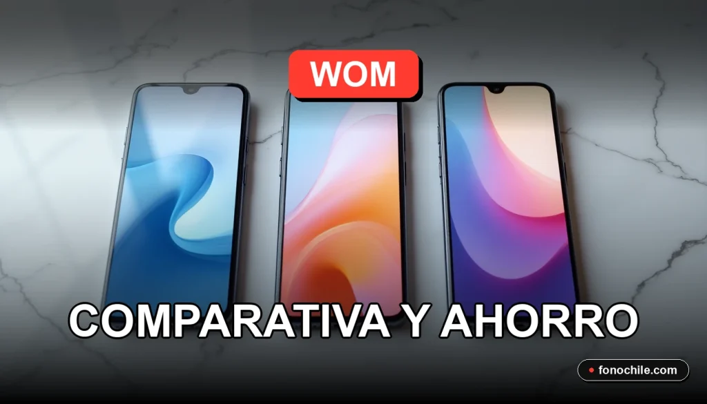 Comparativa de planes de telefonía móvil WOM para 2026 sobre una mesa con gráficos de datos abstractos.