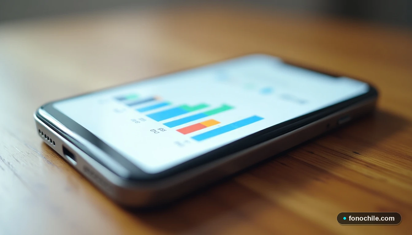 Smartphone mostrando una gráfica abstracta de comparación de planes de telefonía móvil con barras de colores.