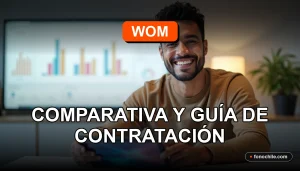 Comparativa de planes móviles WOM 2026 sobre una mesa con gráficos abstractos en pantallas.