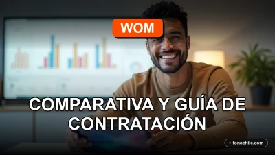 Comparativa de planes móviles WOM 2026 sobre una mesa con gráficos abstractos en pantallas.