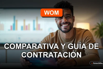 Comparativa de planes móviles WOM 2026 sobre una mesa con gráficos abstractos en pantallas.