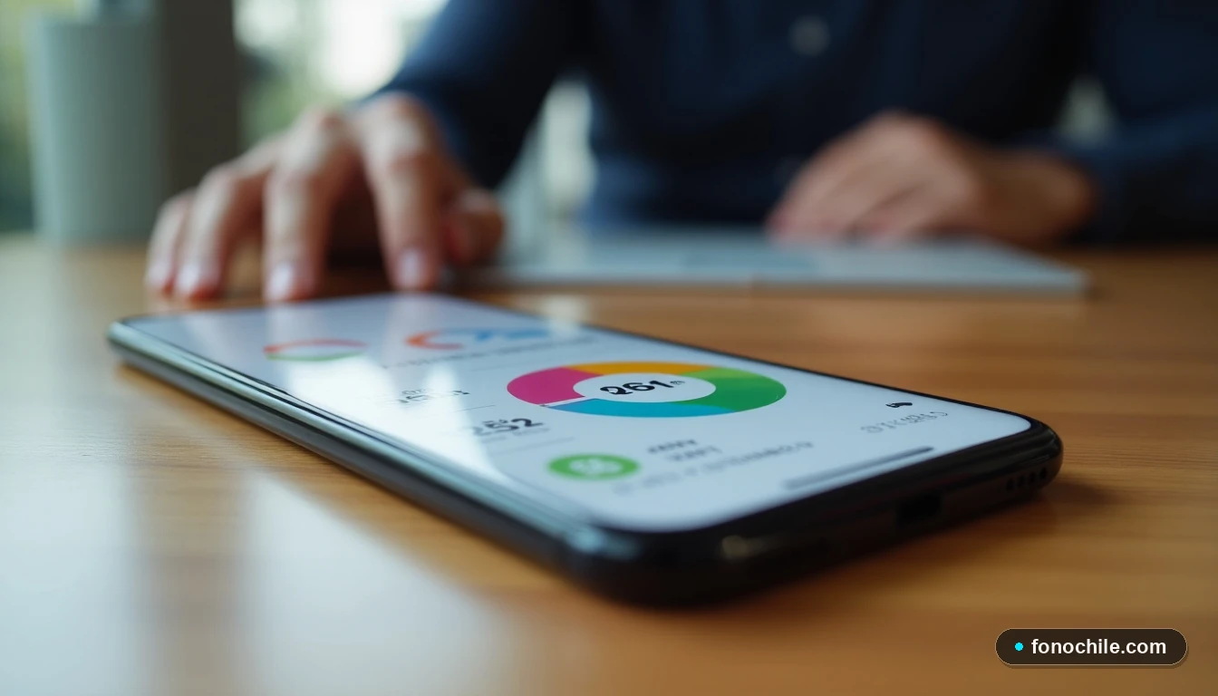 Smartphone mostrando gráficos de consumo de datos y velocidad de internet de planes móviles en Chile.