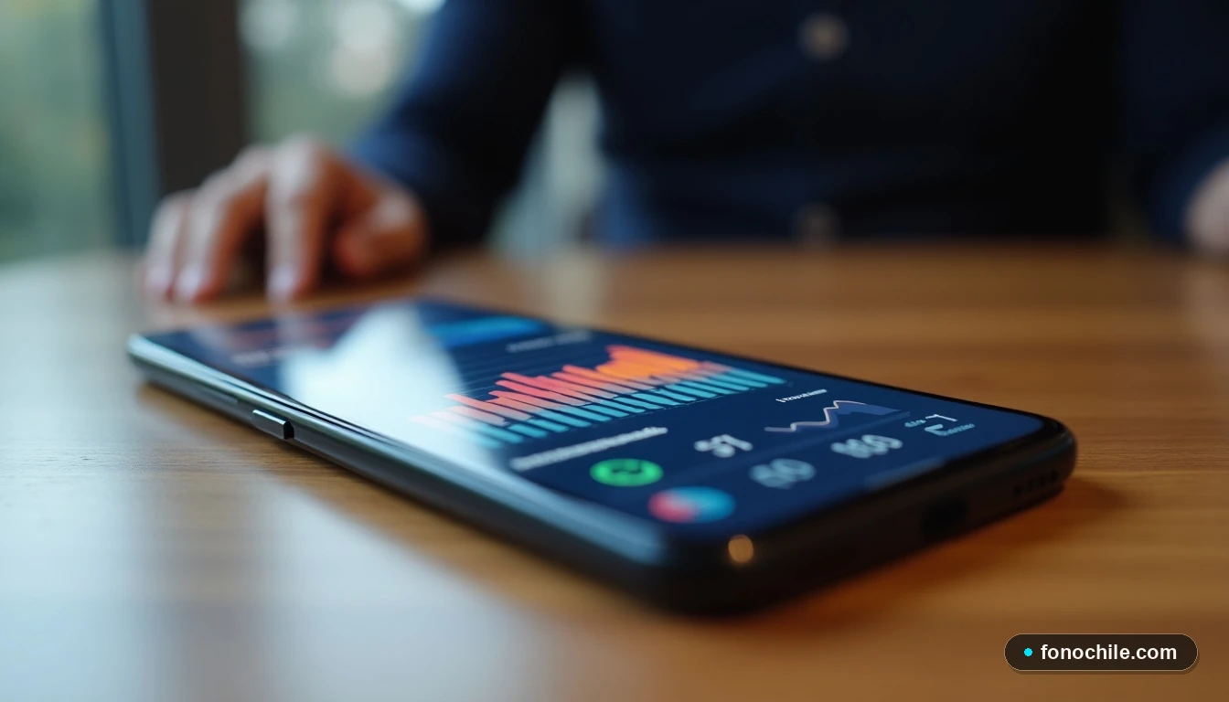 Smartphone mostrando gráficos abstractos de consumo de datos y velocidad de red para planes móviles en Chile.
