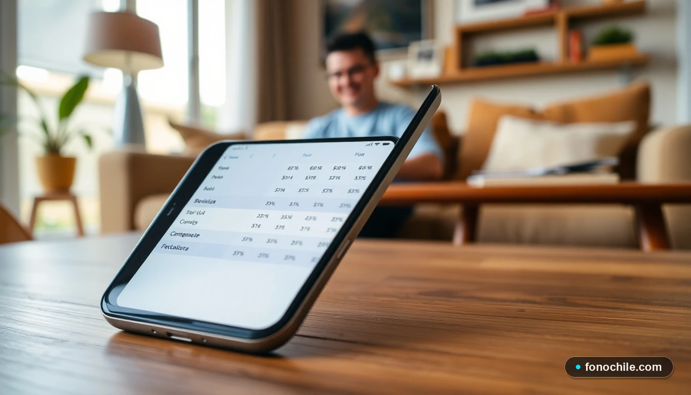 Comparación visual de planes móviles económicos en una tableta sobre una mesa, mostrando datos y precios para ahorrar en Chile.