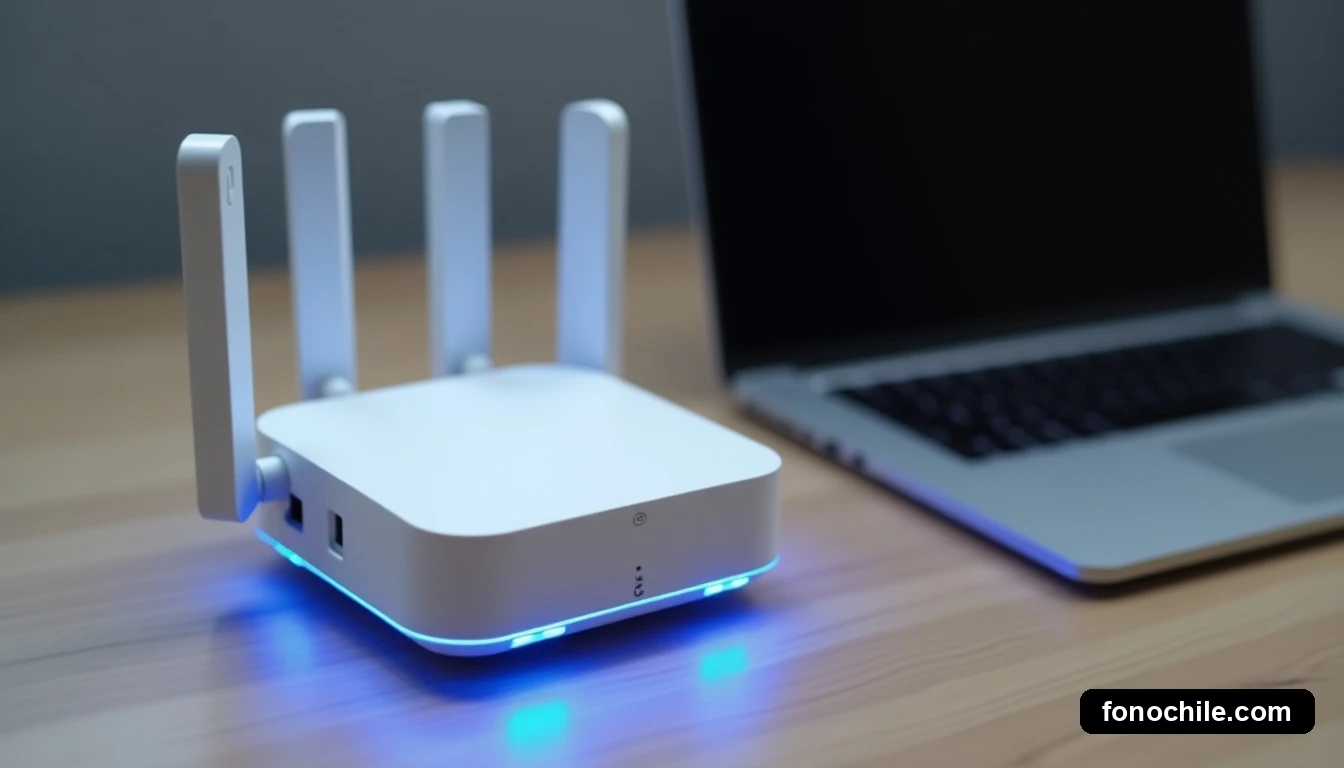 Router 5G empresarial y laptop moderno descansando juntos sobre un escritorio de oficina minimalista.