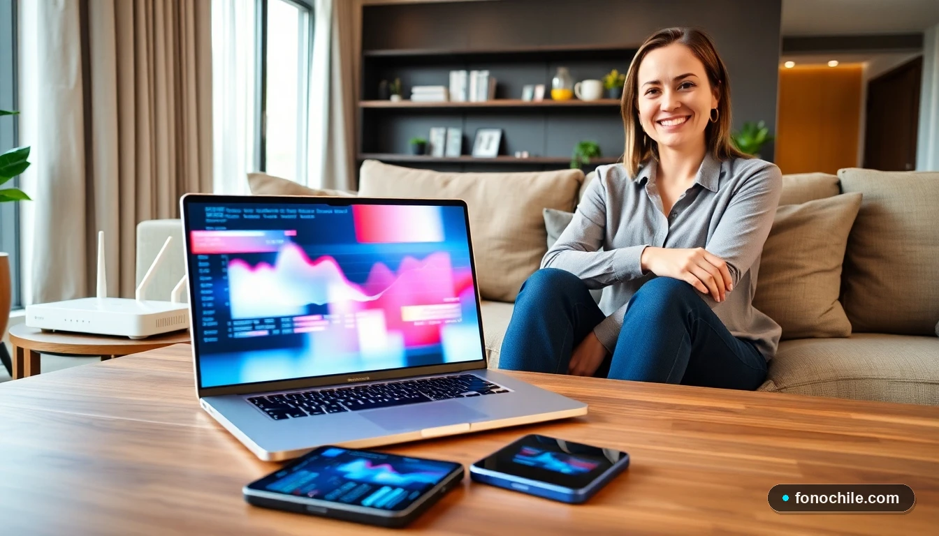 Mujer en Osorno usando laptop y smartphone con planes de fibra óptica WOM, mostrando gráficos de velocidad de internet en pantalla.