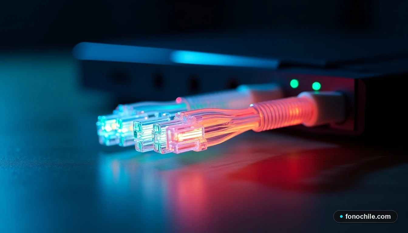 Macro detalle de cables de fibra óptica iluminados con pulsos de luz de colores, representando la velocidad y capacidad de datos.